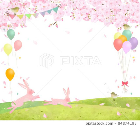 Scandinavian fashionable white background vector frame with a parent and child of a rabbit and a small bird under the cherry tree Scandinavian fashionable white background vector frame with a parent and child of a rabbit and a small bird under the cherry tree 84874195