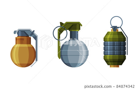 Grenade or Shell as Explosive Weapon Thrown by Hand Vector Set 84874342