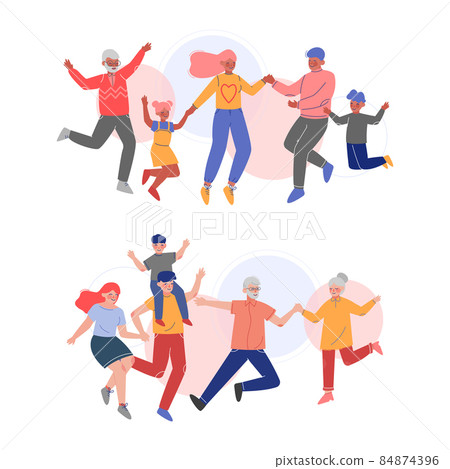 Happy Family Member Jumping with Joy Together and Holding Hands Vector Set Happy Family Member Jumping with Joy Together and Holding Hands Vector Set 84874396