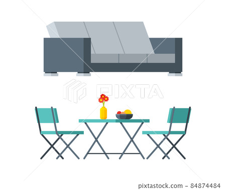 Garden Table with Chairs and Sofa as Lounge Zone Vector Set Garden Table with Chairs and Sofa as Lounge Zone Vector Set 84874484