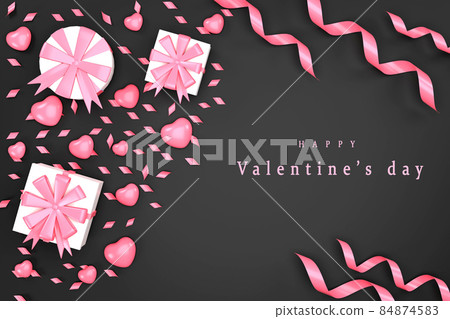 Top view of gift boxes, hearts and ribbons on blue background Valentine's Day concept Top view of gift boxes, hearts and ribbons on blue background Valentine's Day concept 84874583