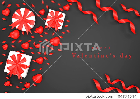Top view of gift boxes, hearts and ribbons on blue background Valentine's Day concept 84874584