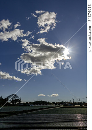 A scene where sunlight can be seen and hidden from the clouds floating above the farm 84874918