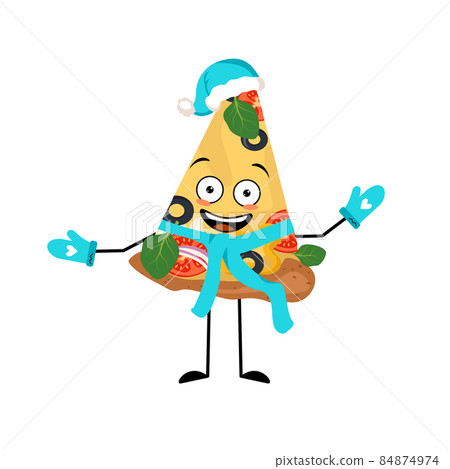 Pizza Santa character with happy emotion, joyful face, smile eyes, arms and legs with scarf and mittens. Fast food person with expression for Christmas and New year Pizza Santa character with happy emotion, joyful face, smile eyes, arms and legs with scarf and mittens. Fast food person with expression for Christmas and New year 84874974