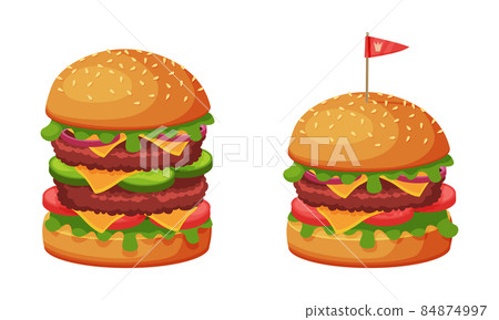Hamburger with Bun and Grilled Patty Cake as Fast Food Vector Set 84874997