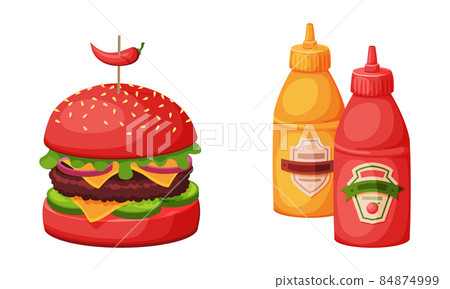 Hamburger Bun with Grilled Patty Cake and Mustard with Ketchup in Bottle as Fast Food Vector Set 84874999