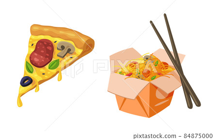 Carton Box with Noodles and Chopsticks and Slice of Pizza as Fast Food Vector Set 84875000