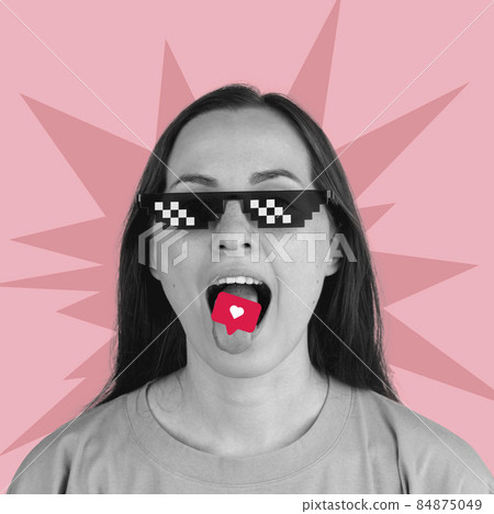 Contemporary art collage of young girl in pixel glasses with tingue sticking out isolated over pink background Contemporary art collage of young girl in pixel glasses with tingue sticking out isolated over pink background 84875049