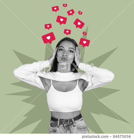 Creative design of young beautiful girl having many social media likes isolated over green background Creative design of young beautiful girl having many social media likes isolated over green background 84875056