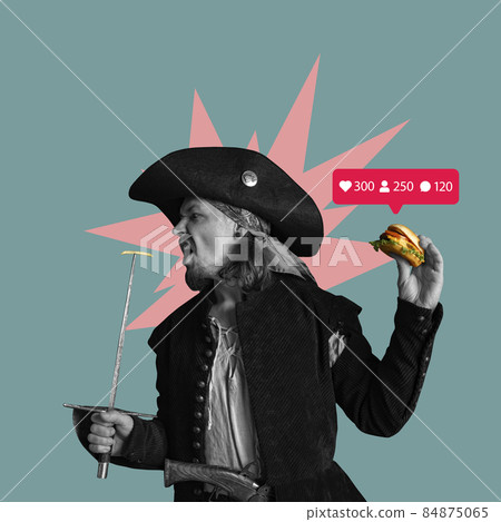 Contemporary art collage of man in character of pirate having social media popularity isolated over green background 84875065