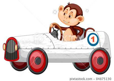 Little monkey driving white race car on white background 84875130