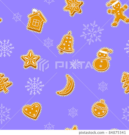 Gingerbread stickers seamless pattern with snowflakes. Festive Christmas background with cookies. Gingerbread stickers seamless pattern with snowflakes. Festive Christmas background with cookies. 84875341