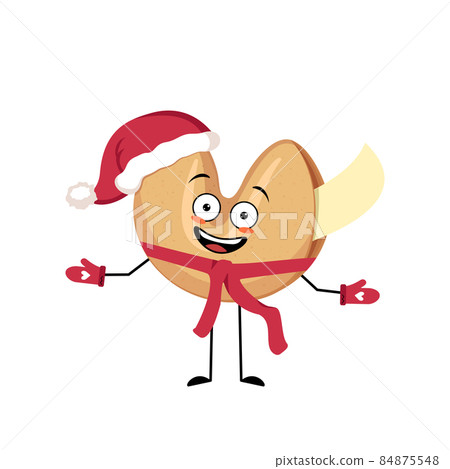 Chinese fortune cookies Santa character with happy emotion, joyful face, smile eyes, arms and legs with scarf and mittens. Festive sweets for Christmas and New year. Vector illustration 84875548