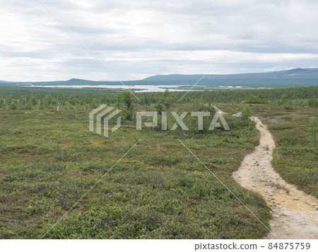 Lapland landscape with beautiful river Lulealven, snow capped mountain, birch tree and footpath of Kungsleden hiking trail near Saltoluokta, north of Sweden wild nature. Summer blue sky Lapland landscape with beautiful river Lulealven, snow capped mountain, birch tree and footpath of Kungsleden hiking trail near Saltoluokta, north of Sweden wild nature. Summer blue sky 84875759