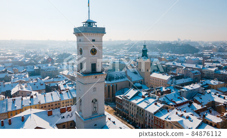aerial view of lviv city center at snowed winter sunny day 84876112