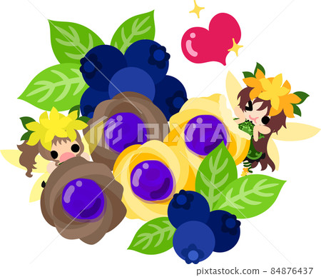 Illustration of cute flower fairies and blueberry cookies Illustration of cute flower fairies and blueberry cookies 84876437