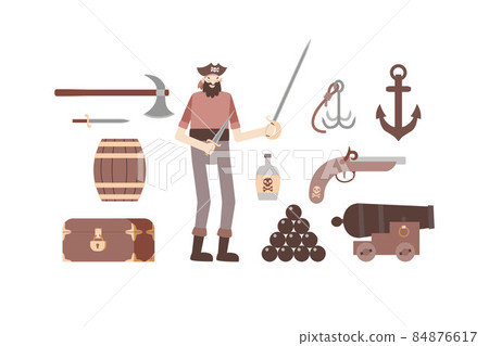Bundle pirate. A thin corsair with a saber and a dagger in his hands, a barrel, an anchor, a bottle of rum, a chest and pirate weapons. Vector illustration in flat style, isolated on a white Bundle pirate. A thin corsair with a saber and a dagger in his hands, a barrel, an anchor, a bottle of rum, a chest and pirate weapons. Vector illustration in flat style, isolated on a white 84876617