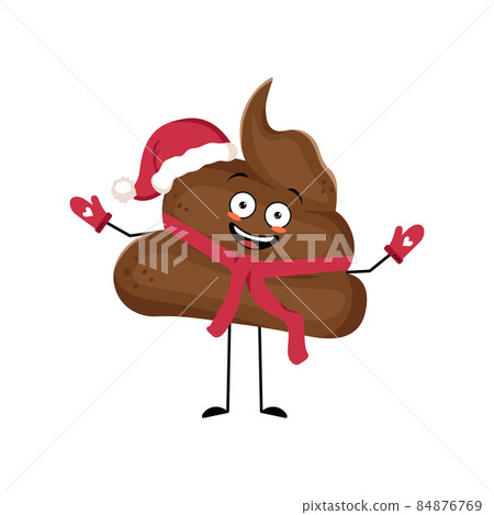 Cute shit Santa character with happy emotion, joyful face, smile eyes, arms and legs with scarf and mittens. Festive turd for New year Cute shit Santa character with happy emotion, joyful face, smile eyes, arms and legs with scarf and mittens. Festive turd for New year 84876769