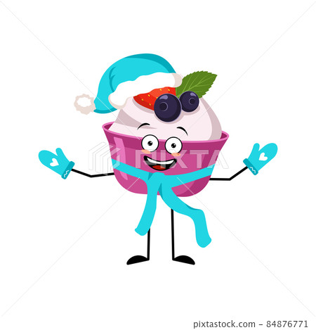 Cake or yogurt Santa character with happy emotion, joyful face, smile eyes, arms and legs with scarf and mittens. Sweet food person with expression for Christmas and New year 84876771