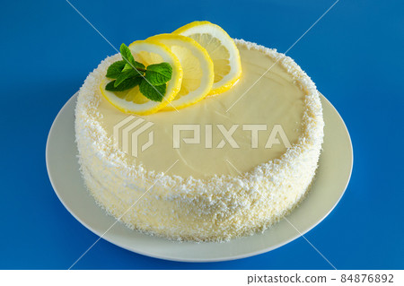 Delicious biscuit dessert with lemon and coconut. Homemade birthday cake. Delicious biscuit dessert with lemon and coconut. Homemade birthday cake. 84876892
