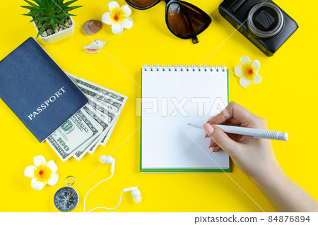 Summer travel planning. Passport, sunglasses, camera and money on a yellow background. Flatlay, place for text. Summer travel planning. Passport, sunglasses, camera and money on a yellow background. Flatlay, place for text. 84876894