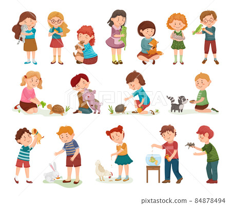 Set of Children with Their Pets Set of Children with Their Pets 84878494