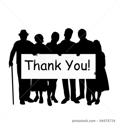 Family silhouette parents kids and grandparents holding banner placard with word Thank You. 84878719