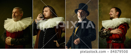 Medieval people as a royalty persons in vintage clothing on dark background. Concept of comparison of eras, modernity and renaissance, baroque style. 84879508