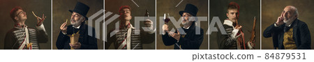 Flyer with young and old men in image of medieval royalty persons in vintage clothing with drinks and snacks on dark background. 84879531