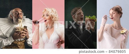 Emotional women and men as medieval persons or characters from famous artworks in vintage clothing tasting junk food isolated on colored background. Emotional women and men as medieval persons or characters from famous artworks in vintage clothing tasting junk food isolated on colored background. 84879805