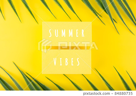 Holiday backdrop with summer vibes inscription on yellow background with palm leaves 84880735