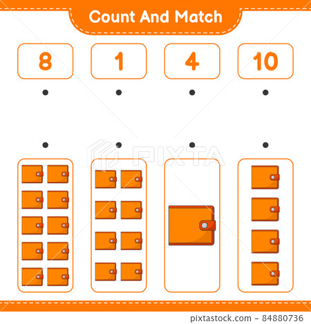 Count and match, count the number of Wallet and match with the right numbers. Educational children game, printable worksheet, vector illustration 84880736