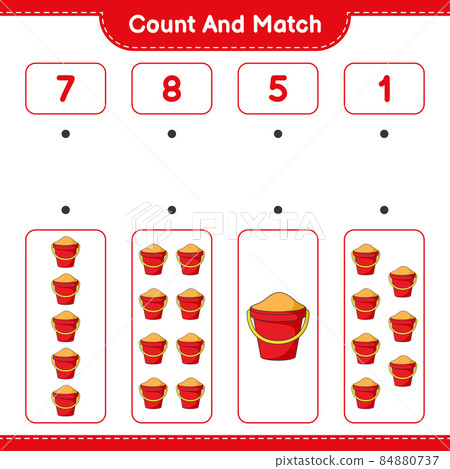 Count and match, count the number of Sand Bucket and match with the right numbers. Educational children game, printable worksheet, vector illustration 84880737