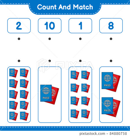 Count and match, count the number of Passport and match with the right numbers. Educational children game, printable worksheet, vector illustration 84880738