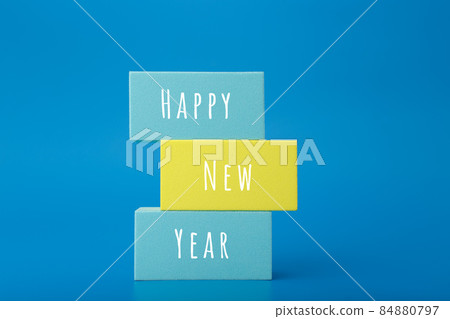 Happy New Year elegant minimal concept in blue colors. Stack of rectangles with congratulation text Happy New Year elegant minimal concept in blue colors. Stack of rectangles with congratulation text 84880797