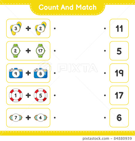 Count and match, count the number of Sunglasses, Flip Flop, Watches, Camera, Lifebuoy and match with the right numbers. Educational children game, printable worksheet, vector illustration Count and match, count the number of Sunglasses, Flip Flop, Watches, Camera, Lifebuoy and match with the right numbers. Educational children game, printable worksheet, vector illustration 84880939