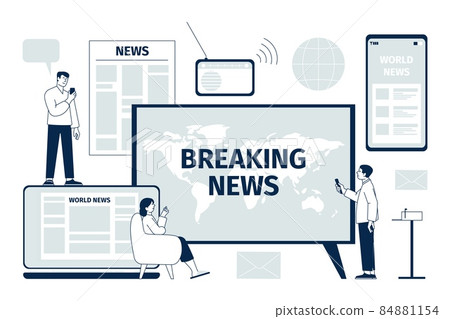 News concept. Internet, tv information. People listen and reading, technology media update. Modern person using gadgets, multimedia recent vector scene 84881154