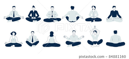 Meditation people. Woman balancing, take calm on job. Business characters sitting on lotus pose. Mind health and wellbeing, relaxers recent vector set 84881160