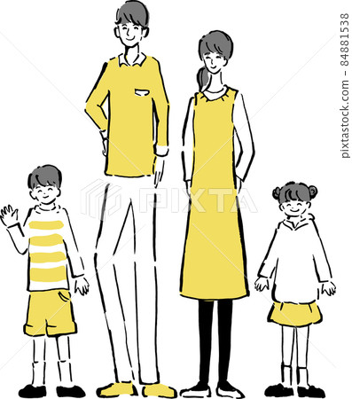 Full-body hand-drawn illustration of a family of four with a smile, with three main lines, yellow Full-body hand-drawn illustration of a family of four with a smile, with three main lines, yellow 84881538