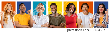 Different bright real emotions of millennial international males and females, gestures and signs with hands 84883146