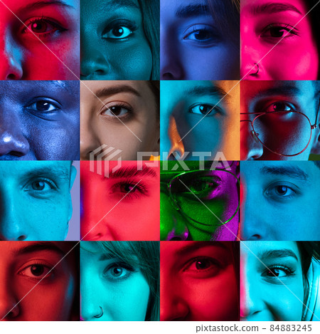 Square set of open eyes of young multiethnic men and girls on colored background in neon light. Concept of youth, unity, equality and diversity Square set of open eyes of young multiethnic men and girls on colored background in neon light. Concept of youth, unity, equality and diversity 84883245