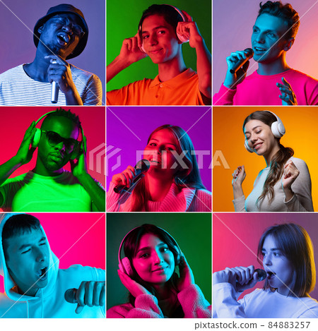 Collage made with portraits of group of multiethnic people on multicolored background, collage, artwork. Close-up Collage made with portraits of group of multiethnic people on multicolored background, collage, artwork. Close-up 84883257