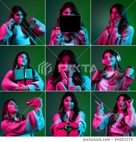 Collage, preset of young girl's portraits with different emotions posing isolated on green studio backgroud in neon pink light. Collage, preset of young girl's portraits with different emotions posing isolated on green studio backgroud in neon pink light. 84883274