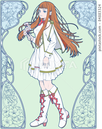 A girl in a military uniform style dress with a branch of cherry blossoms and an Art Nouveau style frame of cherry blossoms A girl in a military uniform style dress with a branch of cherry blossoms and an Art Nouveau style frame of cherry blossoms 84883324