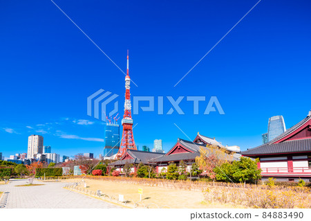 Shiba公園和東京鐵塔在東京秋天 84883490