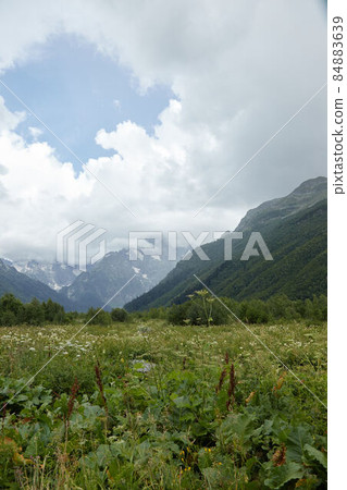 Landscape, mountain panorama, alpine meadows and mountain peaks in ice, a small house on the mountainside 84883639