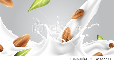 Splash milk almond. Milkshake with nuts and seeds, realistic almonds, protein drink, healthy breakfast, vegan beverage, calcium nutrition, 3d vector commercial brand tidy template 84883653
