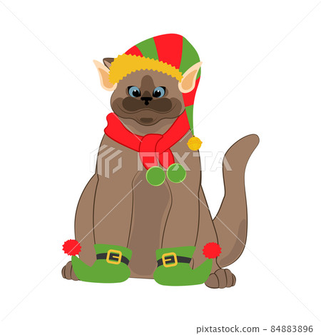 Cat in elf christmas hat with scarf - Stock Illustration [84883896] - PIXTA
