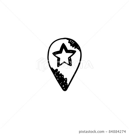 Star shaped pin map marker, black and white hand drawn vector icon. Location pointer stylized as pencil scribble. 84884274