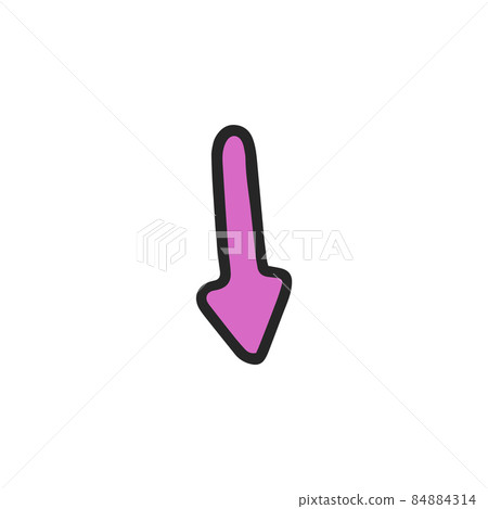 Violet arrow with black stroke . Doodle graffiti arrow pointing down, vector icon isolated on white background. 84884314